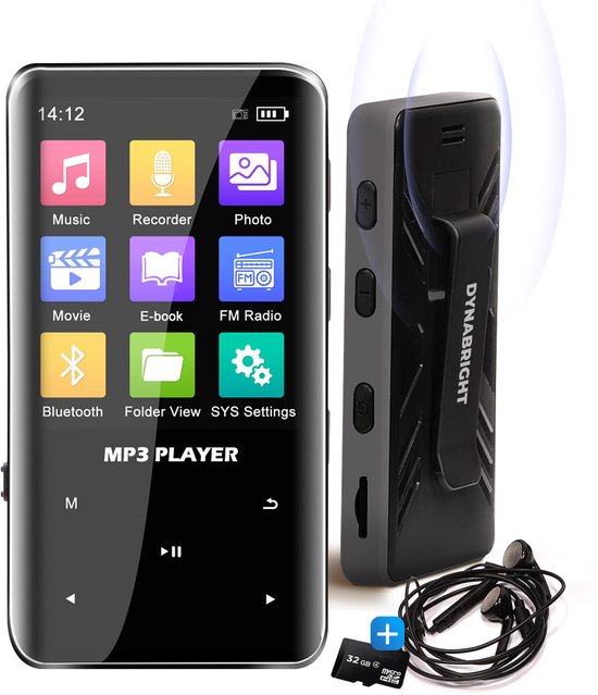 Zwarte Dynabright MP3-speler met clip, 32GB geheugenkaart en oordopjes. Scherm toont muziek, recorder, foto, movie, e-book, FM radio, Bluetooth opties.