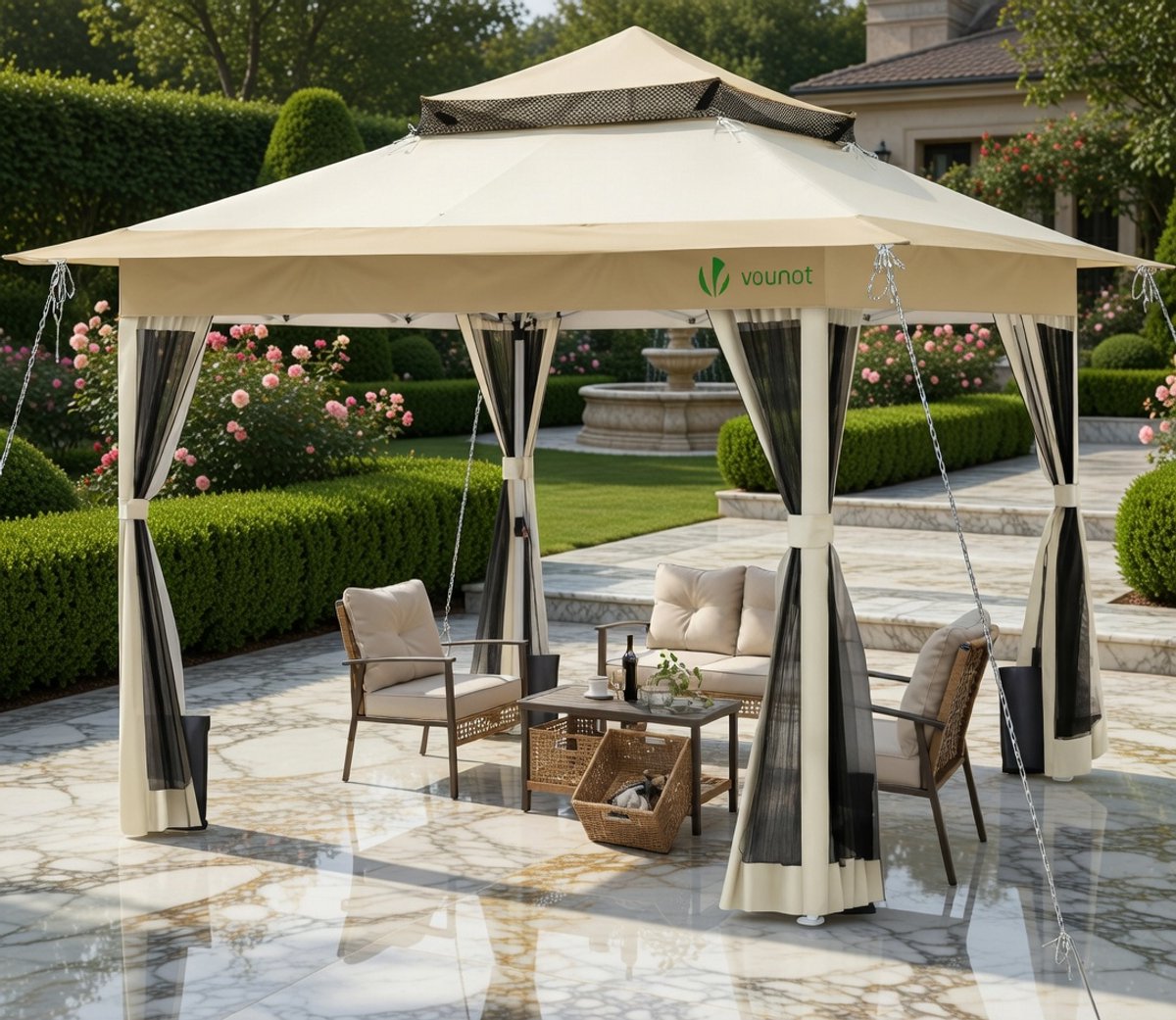 Luxe Tuinpaviljoen 3,6 x 3,6 m – Pop-up Buiten Tent met Muggennet, UV-Bescherming, Waterbestendig, Ademend Dubbel Dak, Stalen Frame – Ideaal voor Tuin, Terras, Feestjes en Ontspannende Buitenmomenten – Beige MedahoMeStore