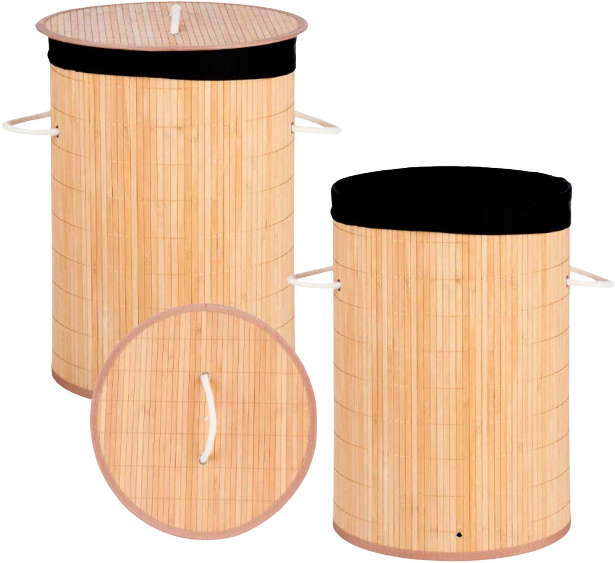 Kipit Wasmand van bamboe - 2x - 50 liter - 35 x 50 cm - met deksel -met binnendoek