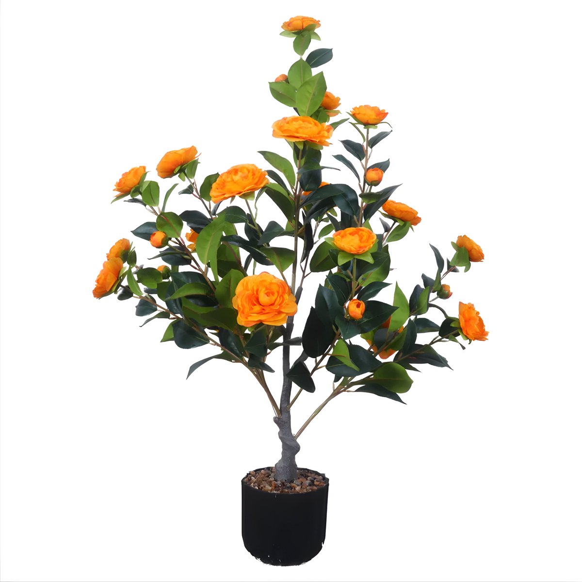 Happiq Camellia kunstplant (100 cm) - Voor thuis of kantoor decoratie - Realistisch, bloeiende boom met 28 bloemen, met planter - Kunstmatig - Oranje Flower