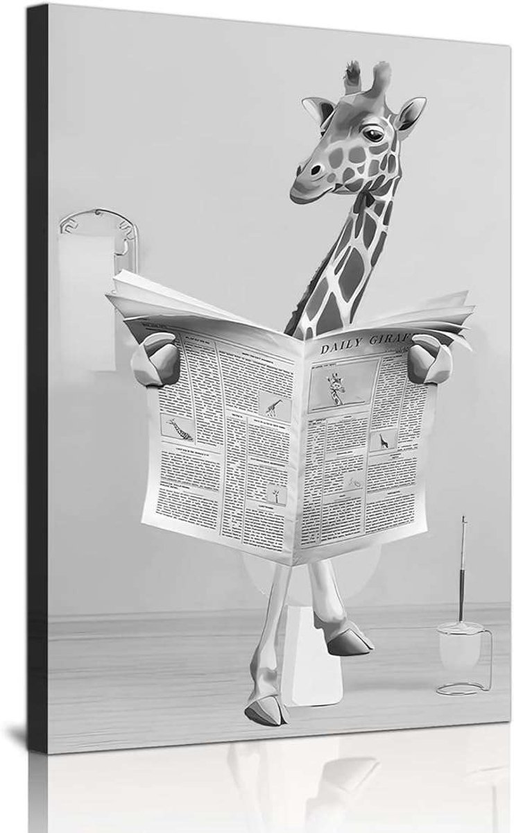 CE - Muurschilderij - Giraffe Leest Krant - 60x90 cm - Zonder Lijst