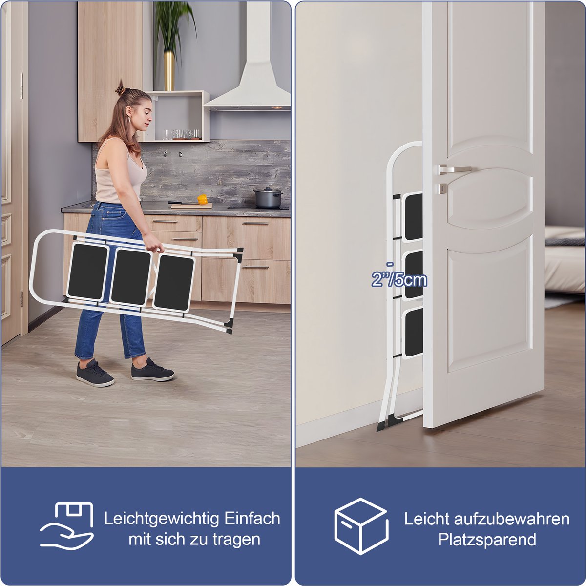 Froadp 3-treden metalen ladder, opvouwbare ladder, opstapje, antislip trapladder, multifunctionele ladder, opvouwbaar opstapje, opstapladder, sta-ladder tot 150 kg, zwart-wit – foto 3
