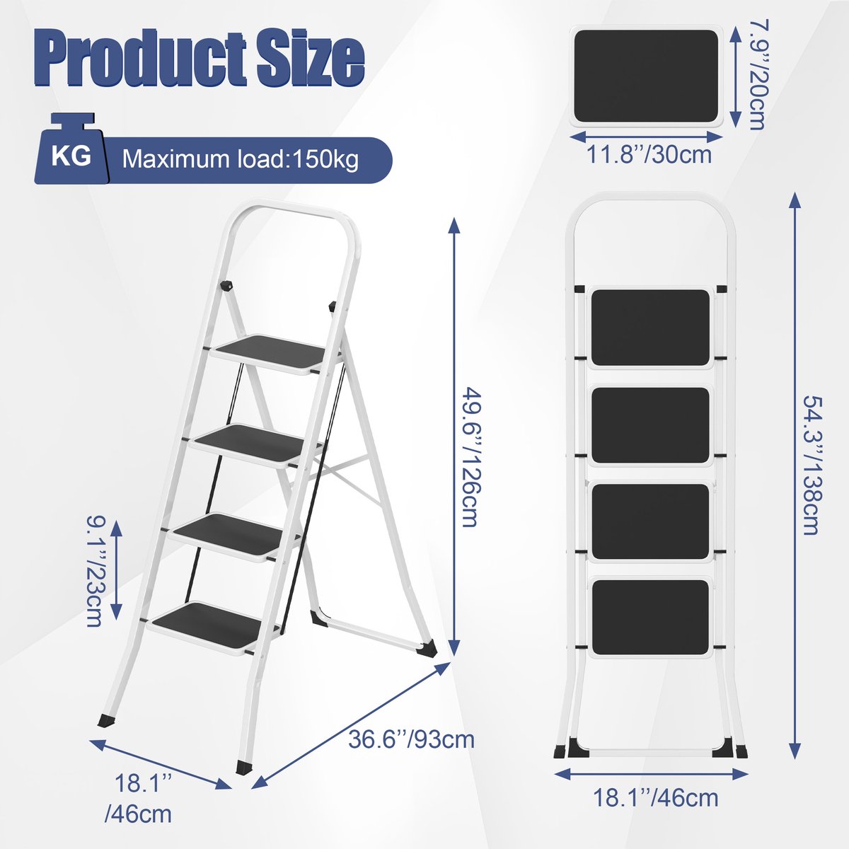 Froadp 4-treden metalen ladder, klapladder, opstapje, antislip trapladder, multifunctionele ladder, opklapbare trap, opstapladder, sta-ladder tot 150 kg, zwart-wit – foto 2