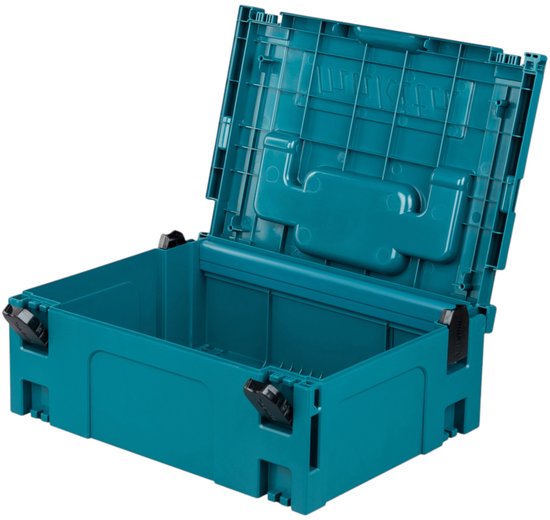 Open turquoise Makita opbergkoffer met wit logo en zwart handvat.