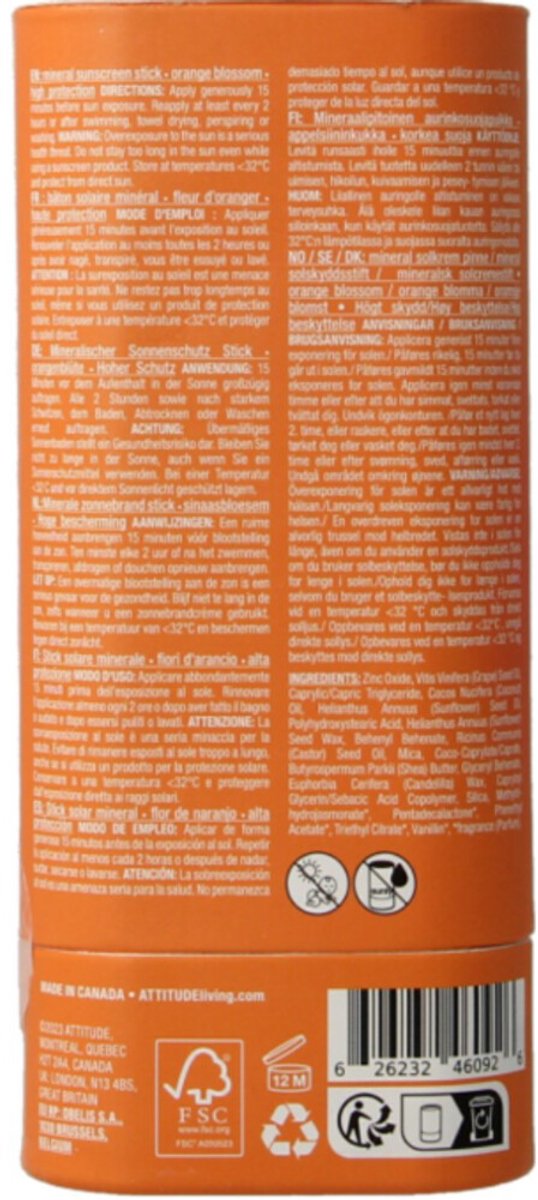ATTITUDE Sunly Zonnebrandstick SPF30 Oranjebloesem - (60g) ECO - duurzaam