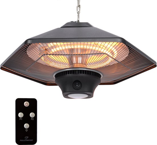 Zwarte hangende terrasverwarmer met rooster, gloeiende elementen en afstandsbediening.
