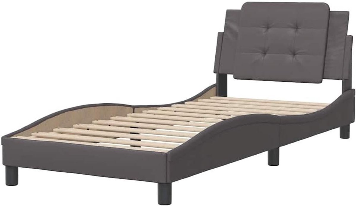 Bedframe Kunstleer - Eenpersoonsbed Omouw - Goede Nachtrust - Hoofdbordkussen Met Ritssluiting - 90x190 cm - Grijs