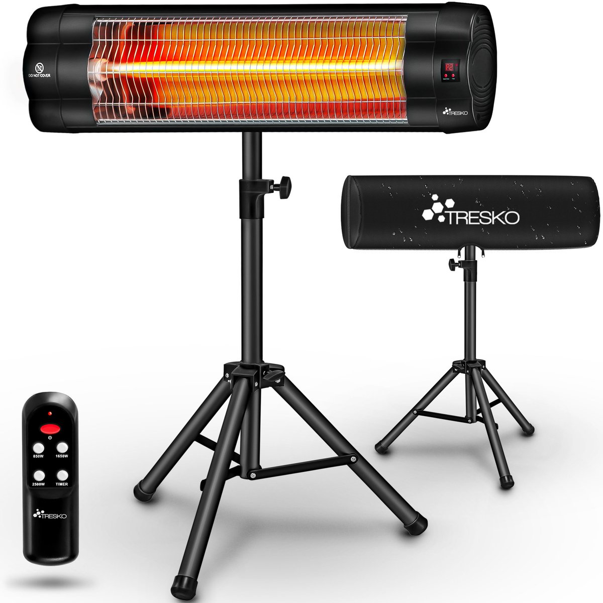 TRESKO Infrarood warmtestraler, 2500 W, met afstandsbediening en afdekking, elektrisch met 3 warmtestanden, terrasstraler, voor binnen en buiten, in hoogte verstelbaar (Zwart)