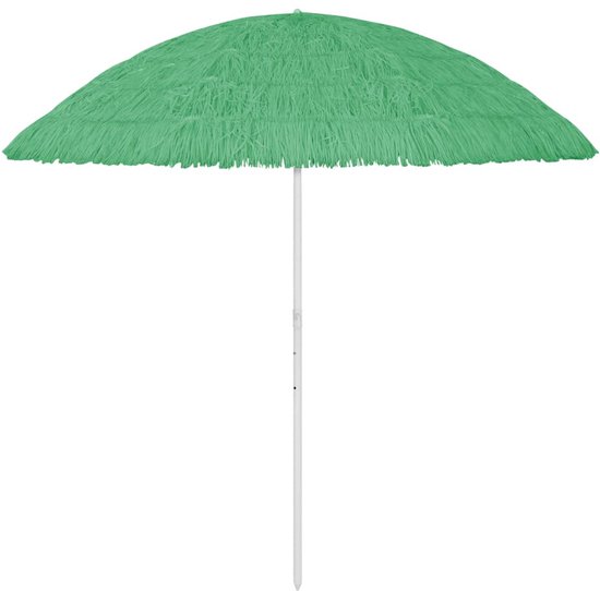Hagengroene Hawaï parasol met witte steel, open.
