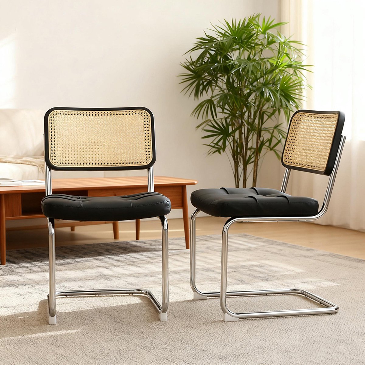 BLACKCOLORS Set van 2 eetkamerstoelen, bijzetstoelen van kunstleer met verchroomde poten, moderne stoelen in mid-century-stijl ontworpen door Breuer, gestoffeerde stoelen voor eetkamer, woonkamer en keuken