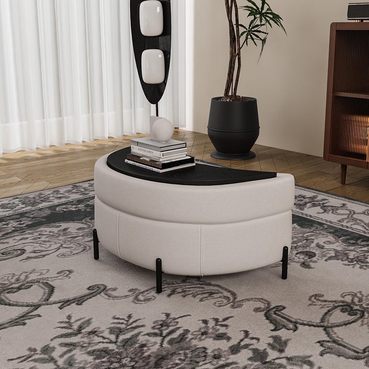 BLACKCOLORS Halvemaanvormige opbergpoef bekleed met chenille met blad, te gebruiken als bijzettafel, gestoffeerde zitplaats, kruk om je aan te kleden of je schoenen aan te trekken, en als voetensteun voor de woonkamer, de hal en de gang, beige