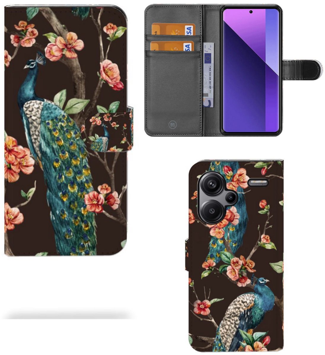 Xiaomi Redmi Note 13 Pro Plus Telefoonhoesje met Pasjes Pauw met Bloemen