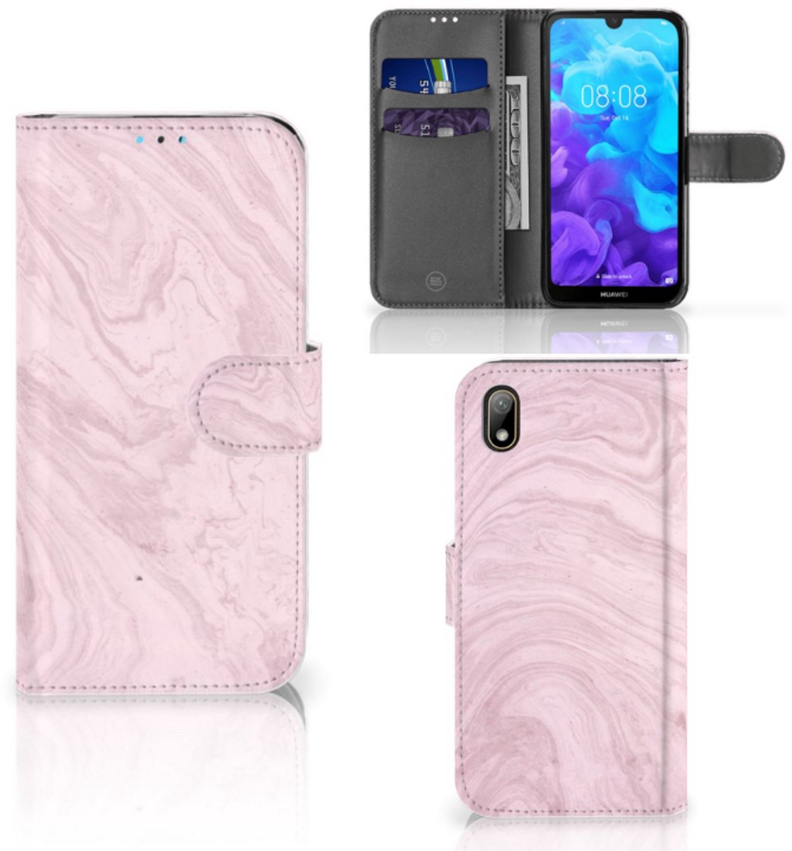 Huawei Y5 (2019) Bookcase Marble Pink - Origineel Cadeau Vriendin