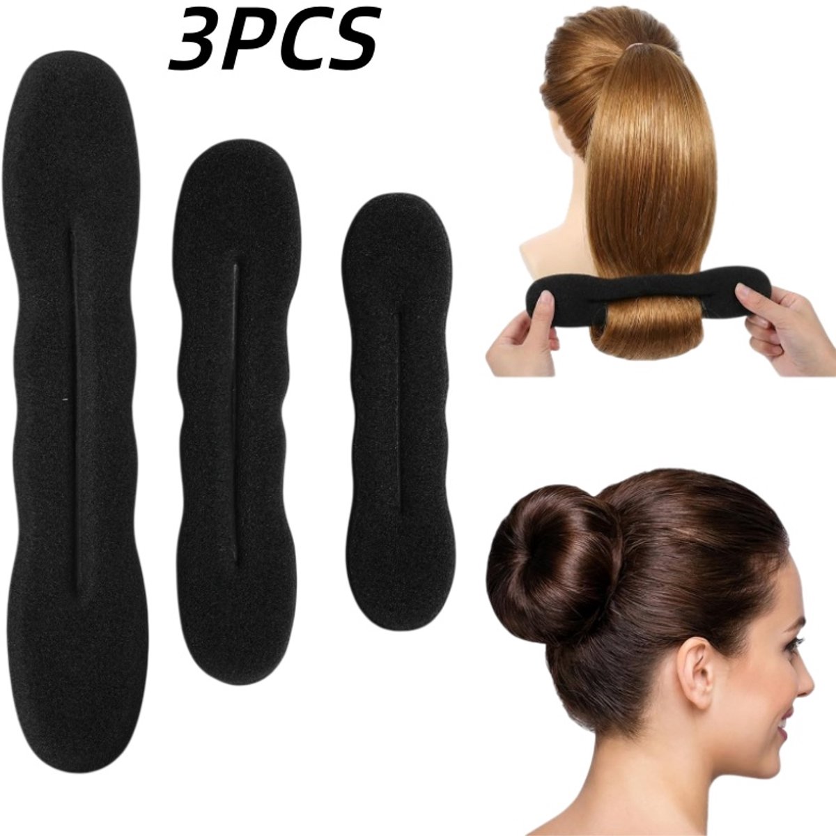3 stuks-Haarknotmaker - haaraccessoire - haarstylingtool - magische krultang - geschikt voor lang haar - steil haar - krullend haar - zwart - S 3,5*13 cm - M 4*17 cm - L 4,5*23 cm