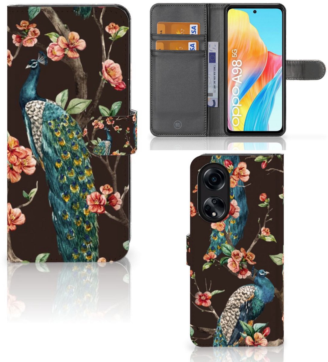 OPPO A98 5G Telefoonhoesje met Pasjes Pauw met Bloemen