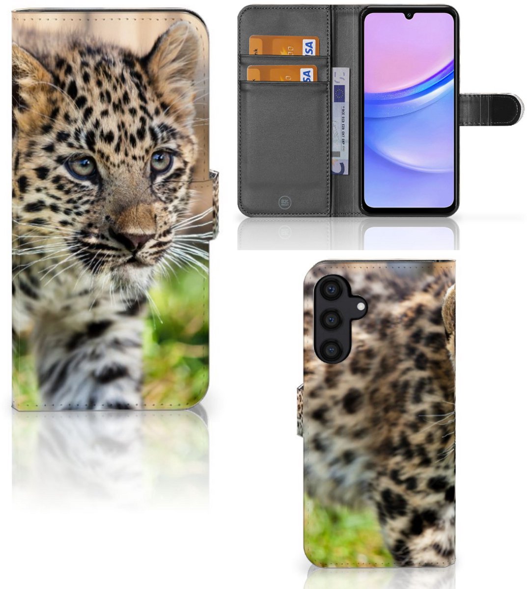 Samsung Galaxy A15 Telefoonhoesje met Pasjes Baby Luipaard