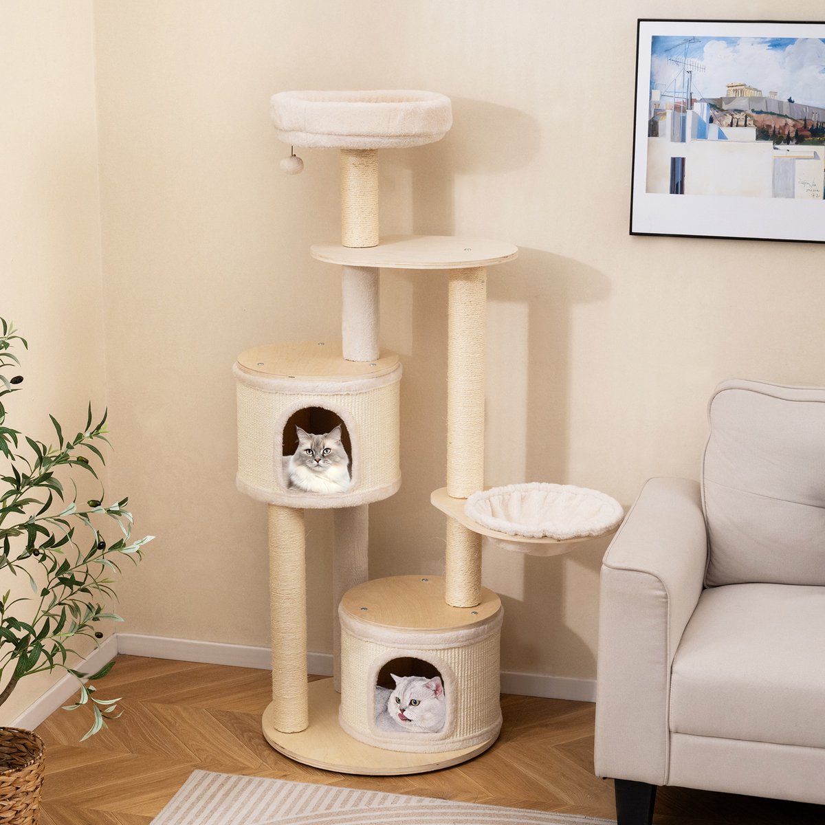 COSTWAY Krabpaal groot, kattenboom met 2 kattenholletjes, mand, sisal-krabpalen, speelbal & platform, kattenkrabpaal katten, kattenmeubel, klimboom, activiteitsboom, hout, natuur, 152 cm hoog – foto 5