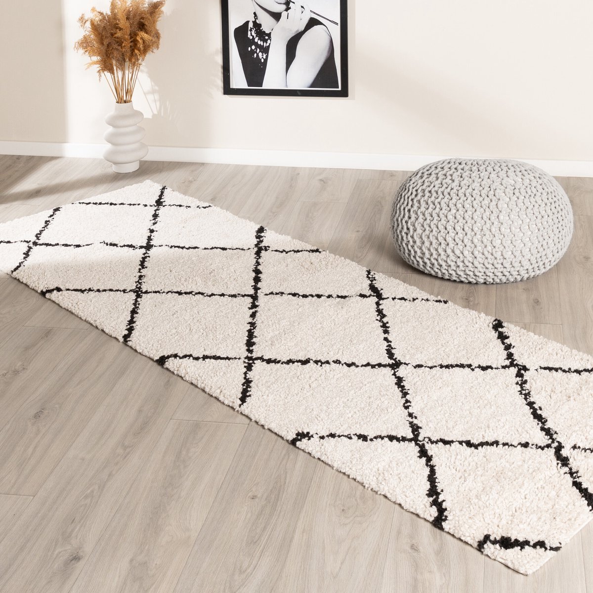 Fraai Hoogpolige loper - Grand Lines Creme/Zwart - 80x250cm