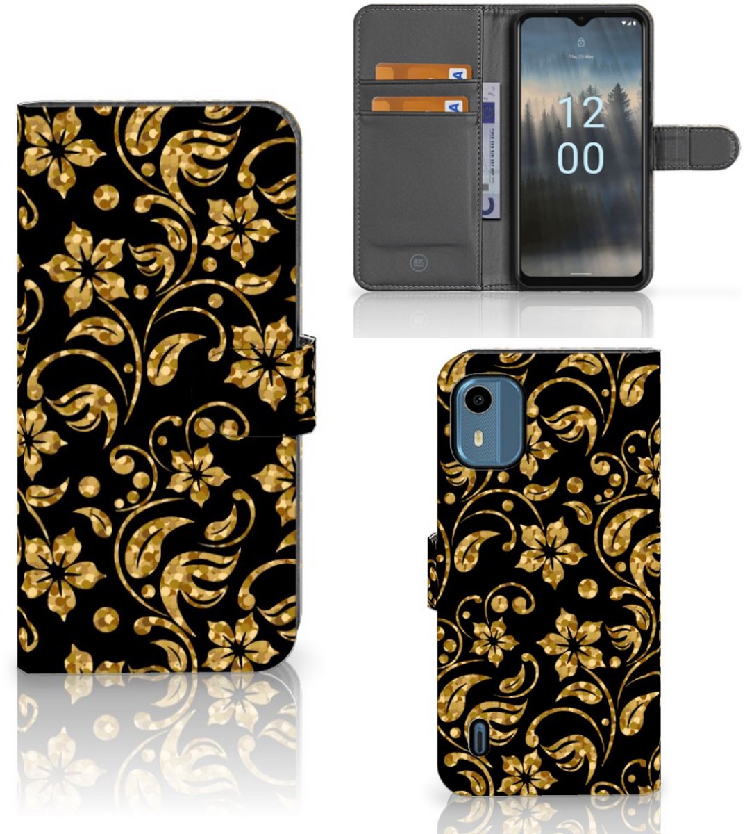 Nokia C12 Hoesje Gouden Bloemen