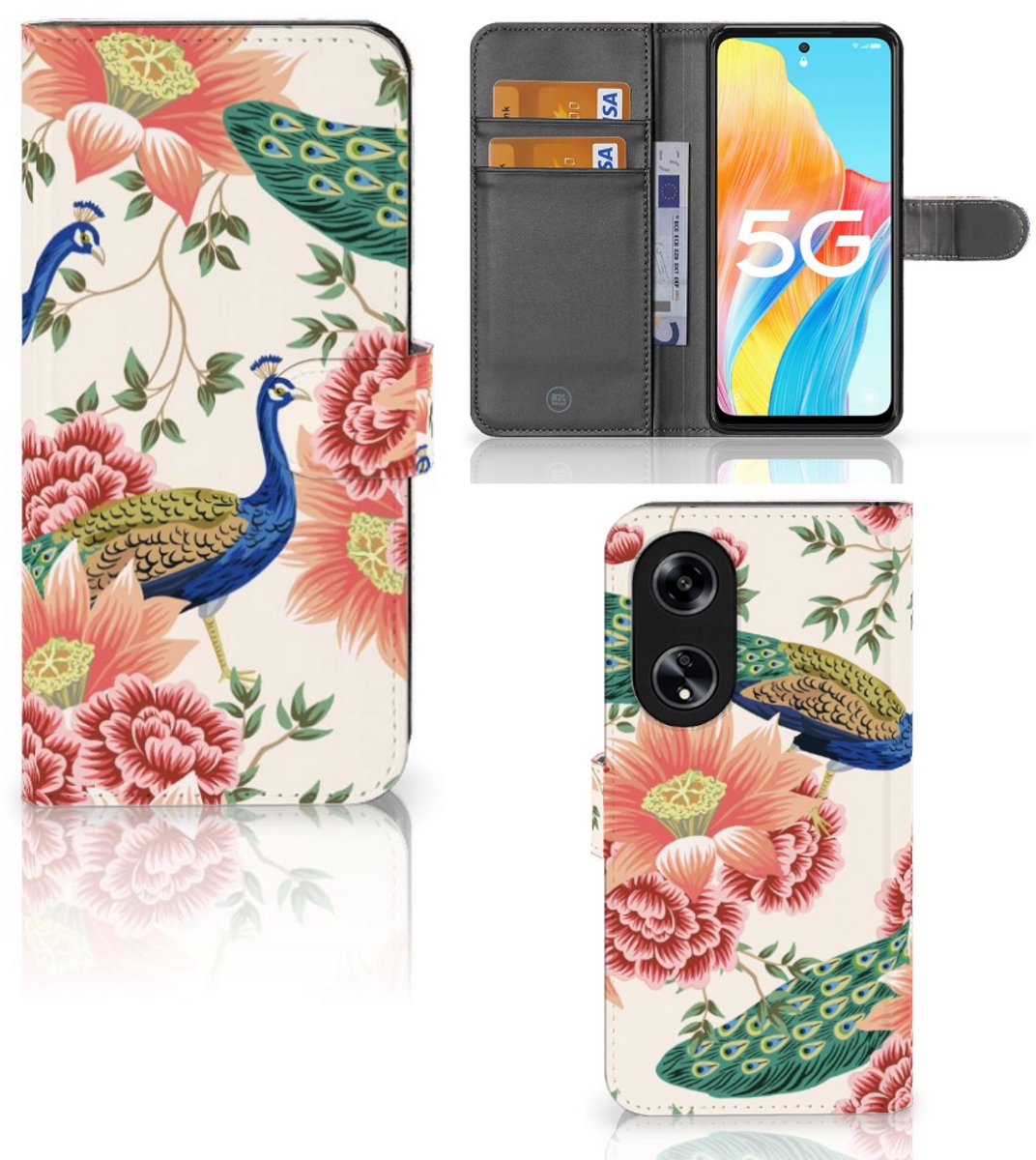 Telefoonhoesje met Pasjes voor OPPO Reno8 T 5G Pink Peacock