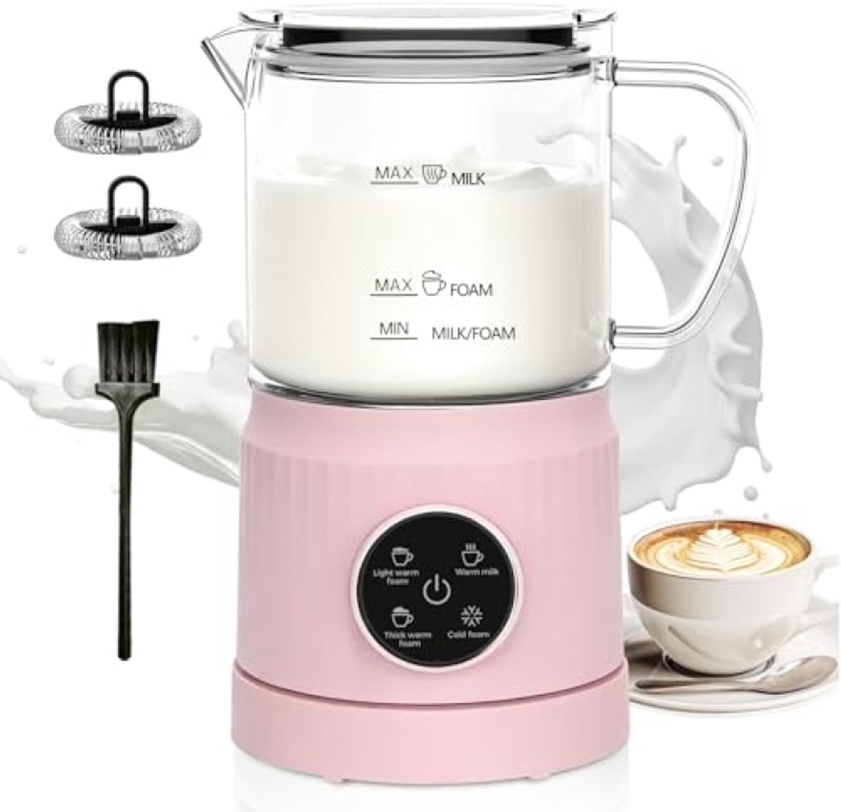 Melkopschuimer - Melkwarmer - Warme Dranken Maken - 4-in-1 Functie - 400ml Capaciteit - Roze