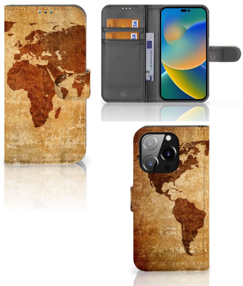 Book Case voor iPhone 14 Pro Flip Cover Wereldkaart