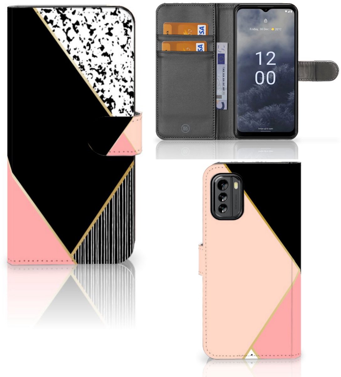 Nokia G60 Book Case Zwart Roze Vormen