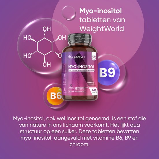 Flesje WeightWorld Myo-Inositol tabletten met B6, B9 en chroom. Naast de fles staat de chemische formule van inositol.
