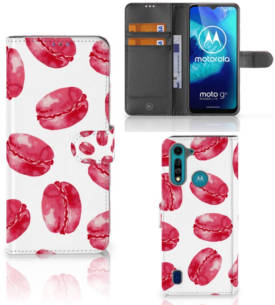 Motorola G8 Power Lite Book Cover Pink Macarons