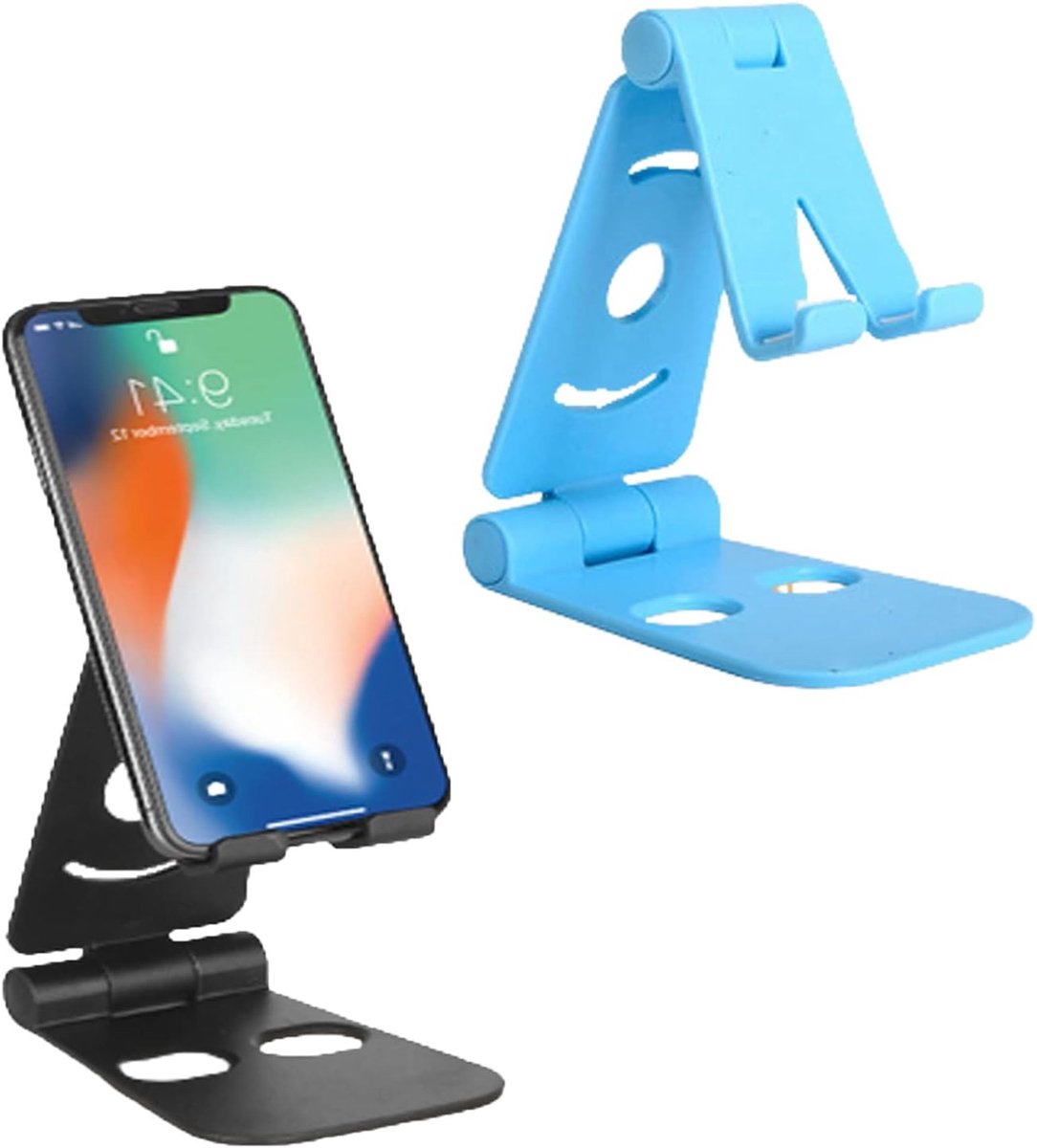Set van 2 opvouwbare telefoonhouders met verstelbare hoek, draagbare desktop telefoonstandaard voor smartphones (4-9,7 inch) zoals Apple, Samsung en Huawei