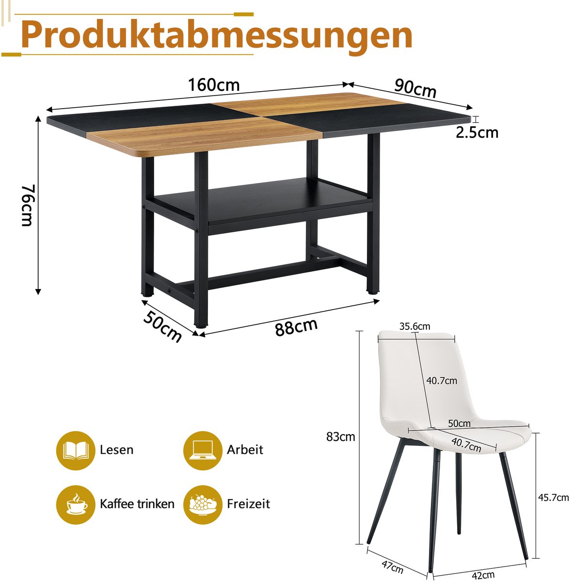 OKWISH Eettafelset 160 Cm - Met Opbergvak En 4 Eetkamerstoelen - Voor Keuken En Eethoek - MDF Metaal PU - Bruin Zwart Wit Zwarte houttinten +Wit