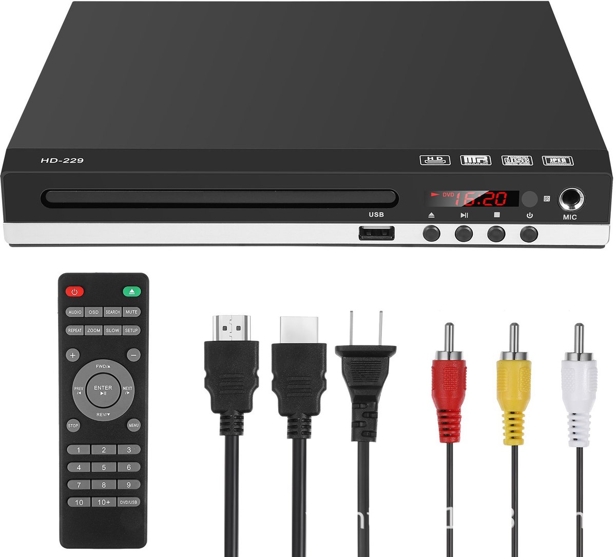 DVD-speler - HD 1080p - DVD-speler voor thuisgebruik - DVD229 HD voor tv - CD-speler - AV-uitgang - Microfooningang
