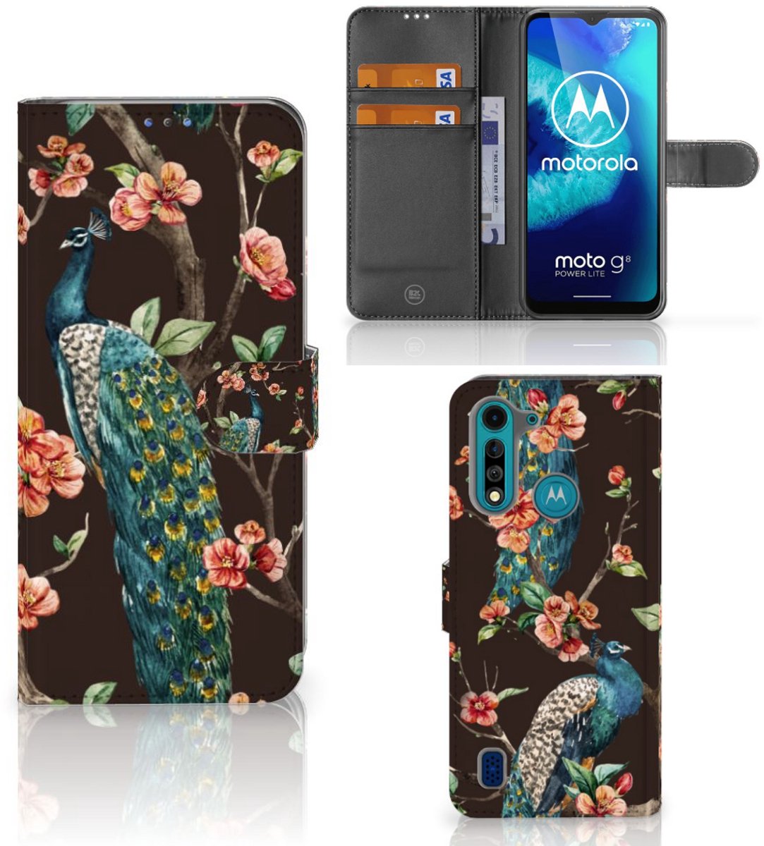 Motorola G8 Power Lite Telefoonhoesje met Pasjes Pauw met Bloemen