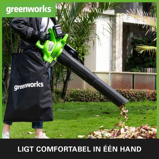 Greenworks GD24X2BV Accu Bladblazer en Zuiger met Schouderriem, Borstelloze Motor, 322 km/u, 9 m³/min, 45L Opvangzak ZONDER Twee van 24V (48V Equivalent) Accu’s & Lader — afbeelding 3