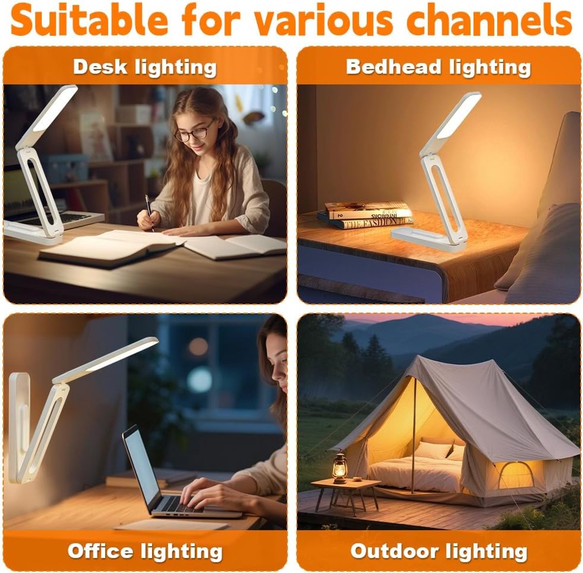 KZQ LED-bureaulamp voor kantoor en thuis, werkt op batterijen, oplaadbaar, opvouwbaar en draagbaar, LED-bureaulampstrip, 3 instelbare helderheidsniveaus, draadloze leeslamp (wit) — cadeau in Gadgets - foto 4