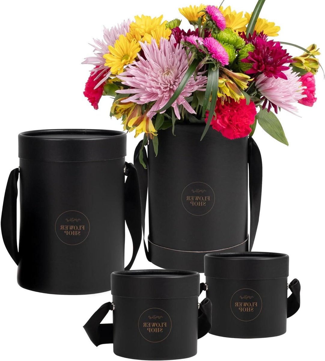 Bloemenboekethoedendozen - Bloemendoos Vaas - Bloemen Presenteren - Waterdichte Voering - 4 stuks - Zwart