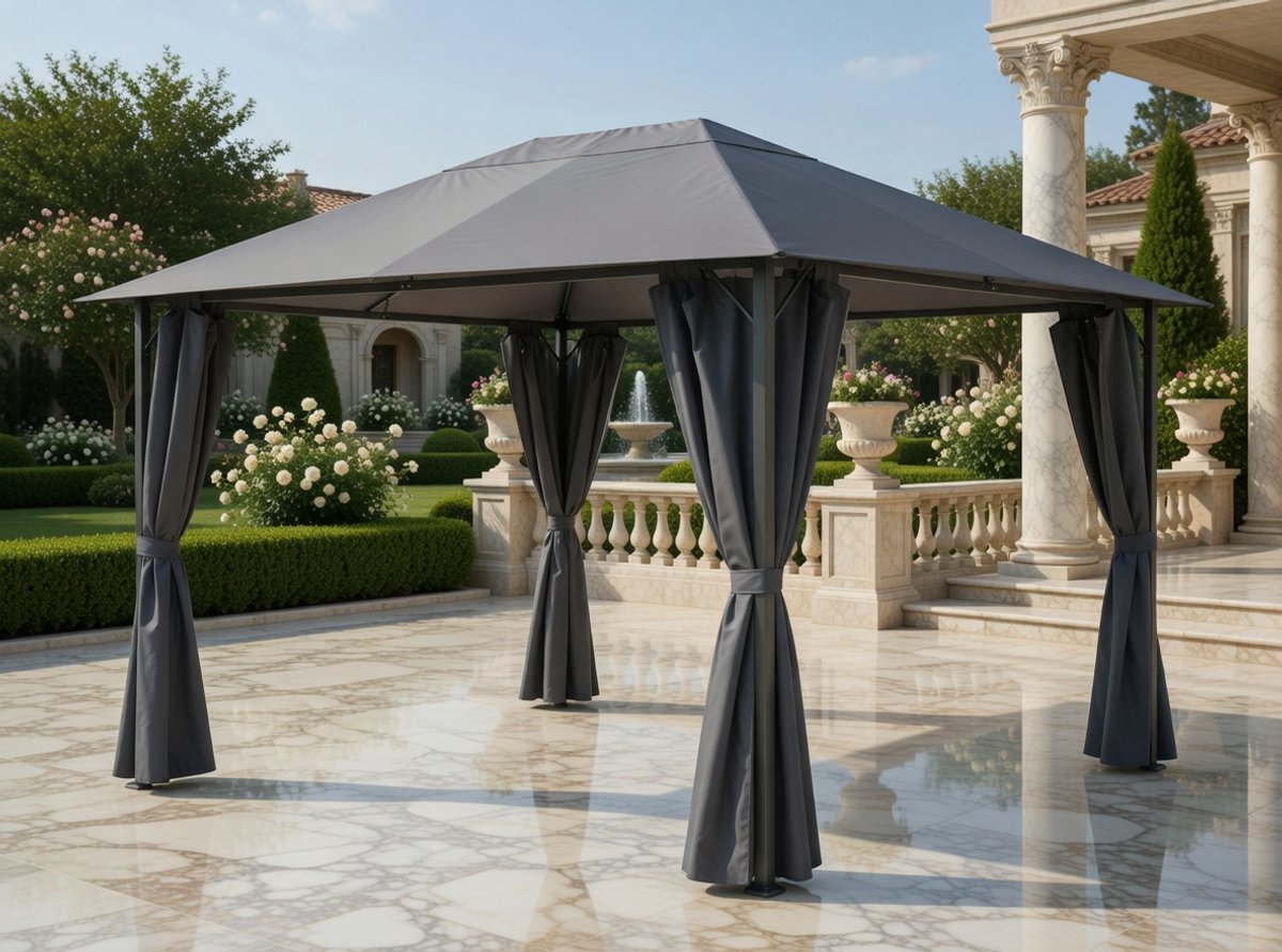 Luxe Metalen Tuinpaviljoen 3x4m met Zijwanden – Waterdichte Partytent met Ventilatiedak en Stevig Frame – Grijs | MedaHomeStore