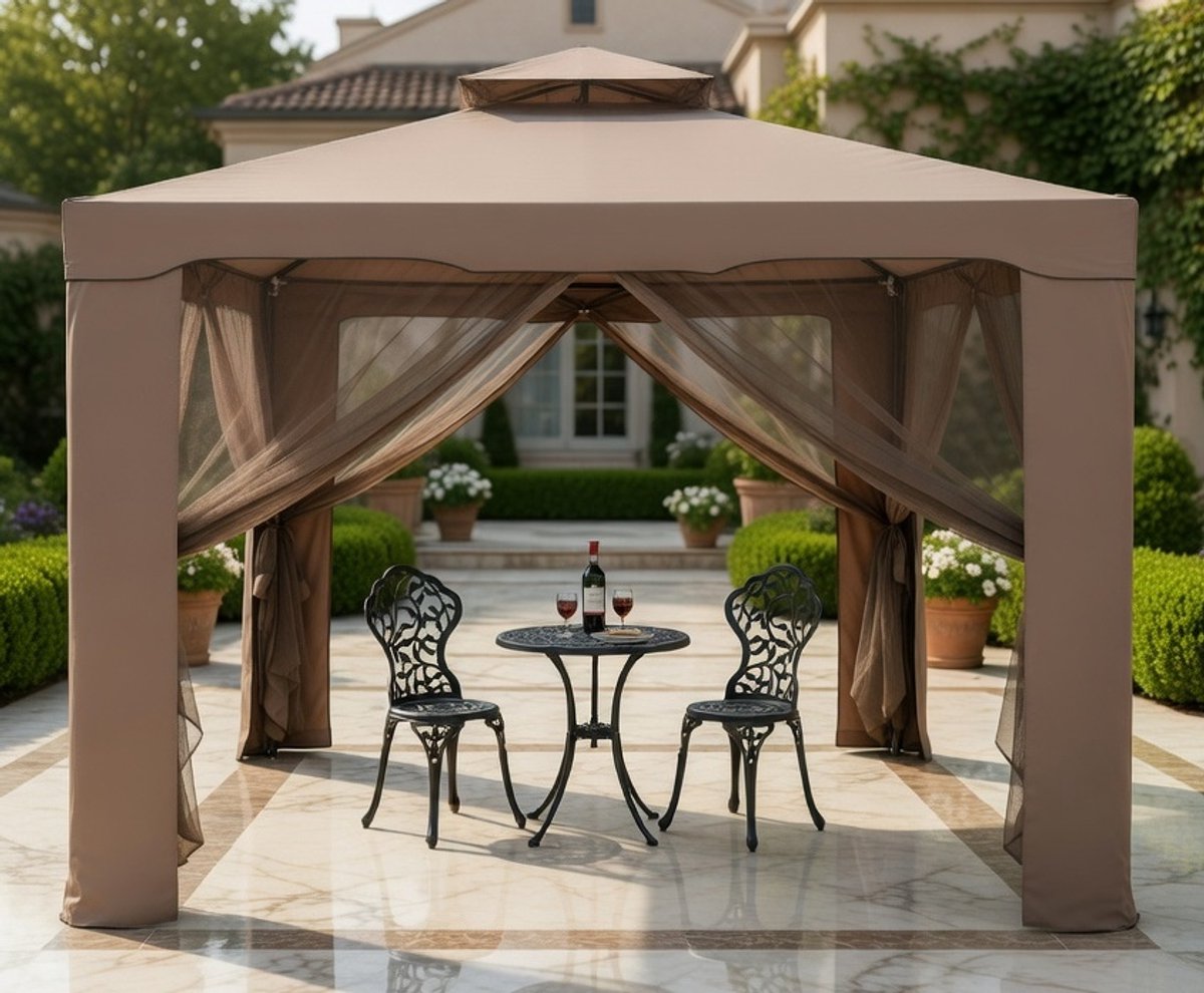 Luxe 3x3m Tuinpaviljoen – Robuuste Partytent met Dubbel Ventilerend Dak, Waterdicht, UV-Bescherming SPF50+, Insectenbescherming en 4 Zijwanden – Perfect voor Feesten, Bruiloften, Oktoberfest & Outdoor Evenementen – Bruin of Beige medahomestore