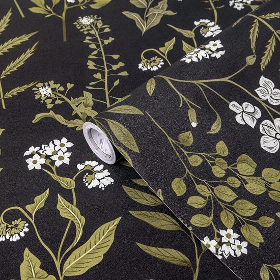 CE - Rouleau de papier peint autocollant - 44cm x 3m - Motif floral - Fleurs blanches et feuilles vertes sur fond noir mat