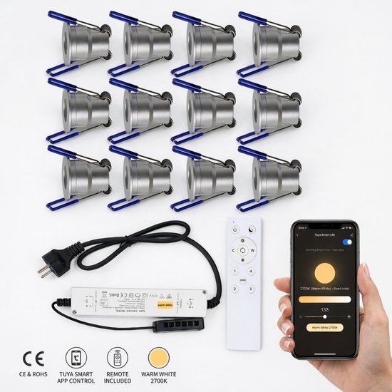 Set van 12 inbouwspots, LED driver, afstandsbediening en smartphone met app.