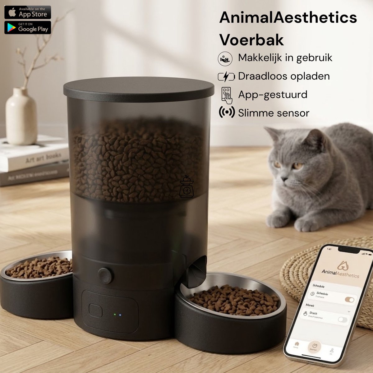 AnimalAesthetics Automatische Voerbak voor Kat & Hond Zwart– App-bediening, Twee Bakken van Roestvrijstaal, - Voerautomaat Kat 3L thumbnail 2