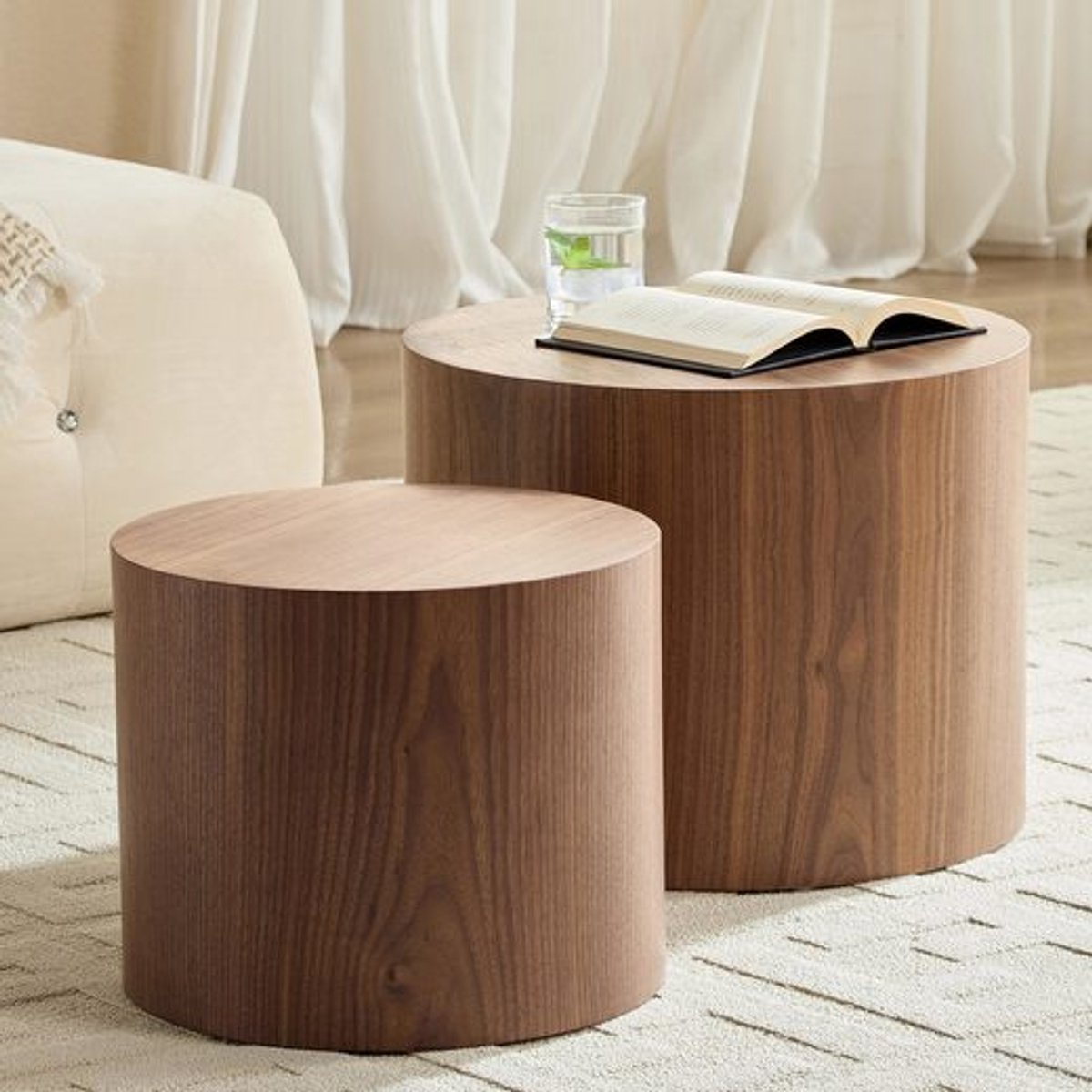 NJLYUHOME Houtcollectie - 2-delig bijzettafel set - Rond & stapelbaar - MDF met houtfineer - Ø38/32 cm, hoogte 48/38 cm