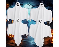 4 stuks Halloween hangende goast decoraties buiten binnen, schattige vliegende witte geesten decor voor thuis Halloween feest, veranda, tuin, griezelige Halloween spullen rekwisieten