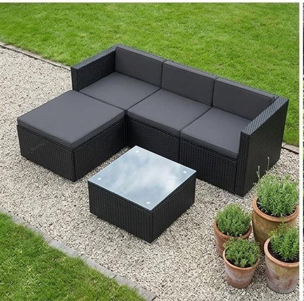 Tuinmeubelset Polyrotan Hoekbank 3-4 Personen met Tafel en Glasplaat 200x140x75 cm – Zwart/Donkergrijs Loungeset voor Balkon en Terras – Weerbestendig Outdoor Set – Urbanhome