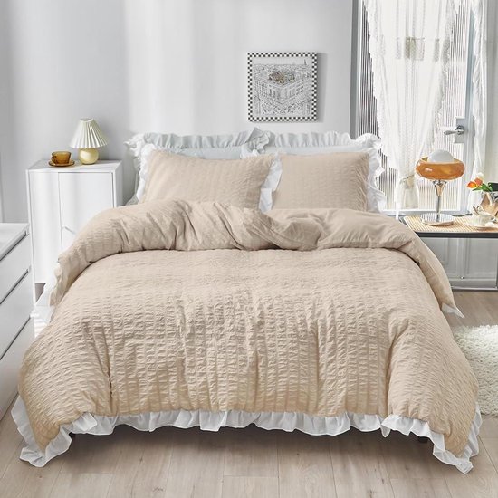 Seersucker Dekbedovertrek - Microvezel Beddengoed - Comfortabel Slapen - Geruwd Zacht Materiaal - 200x220+80x80 cm - Roze Wit