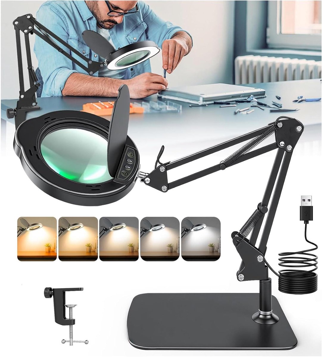 Vergrootglas met Licht - Vergrootlamp Bureau - Gedetailleerd Werk - Schaduwvrij Licht - 10x Vergroting - Zwart