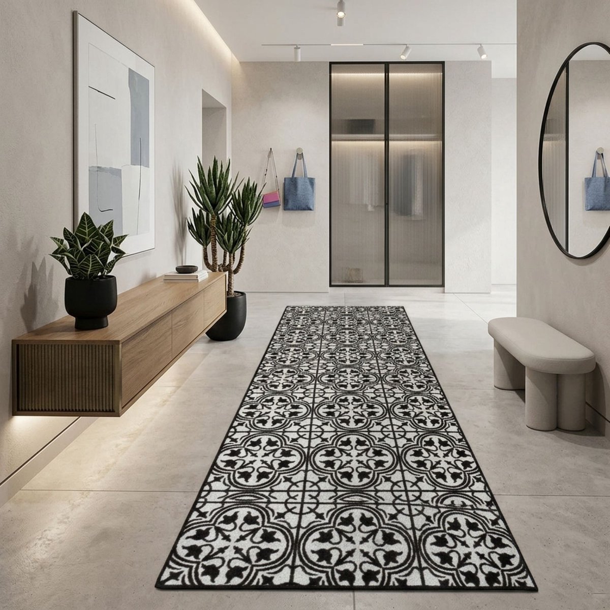 Floordirekt Tapijtloper Wexford - Met Patroon - Op Maat gemaakte Fijne Lus Tapijtloper Voor Keuken, Hal & Woonkamer - 80 x 500 cm Zwart