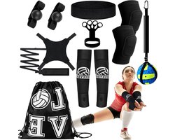 Wettarn 8 Set Volleybal Training Apparatuur Aid Solo Volleybal Trainer Kit, Inclusief Elastische Volleybal Weerstand Riem Set Volleybal Spike Trainer Hand Riemen Arm Mouwen Knie Pads Rugzak Hoofdband