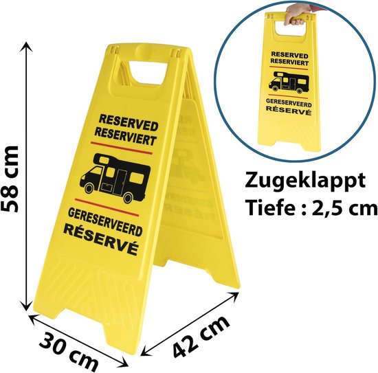 Gereserveerd Bord - Camper Plaatsbord - Camping Reserveren - Inklapbaar en Stabiel - 58 x 30 x 42 cm - Geel — afbeelding 2