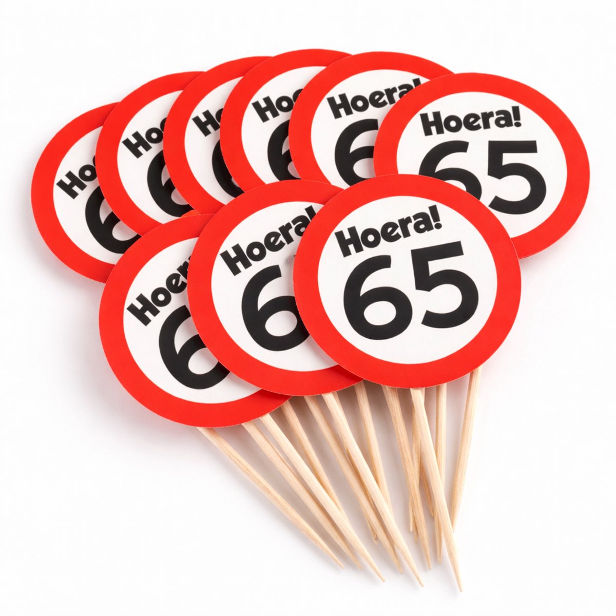 Party Picks 65 Jaar – 12 Stuks – Cupcake Toppers – Verjaardag Decoratie – Hoera 65 – Rood/Wit